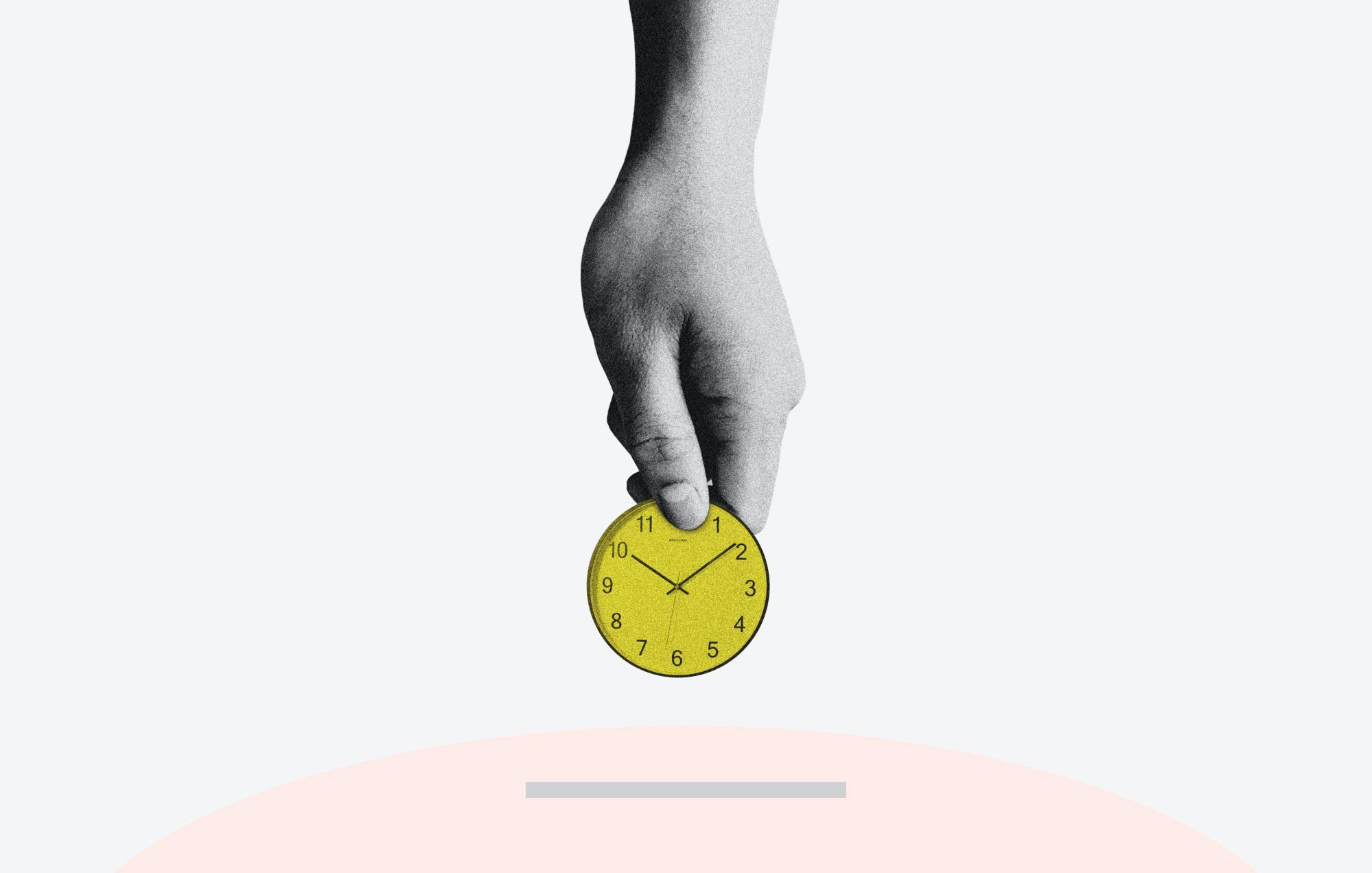 A hand placing a clock into a piggy bank, indicating helpful time management skills